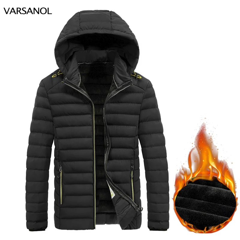 VARSANOL Winter Mens Parkas Thick Zipper Jackets 2022 Warm Male Clothing Outside Coats Solid Color Hooded Parkas Men Plus Size