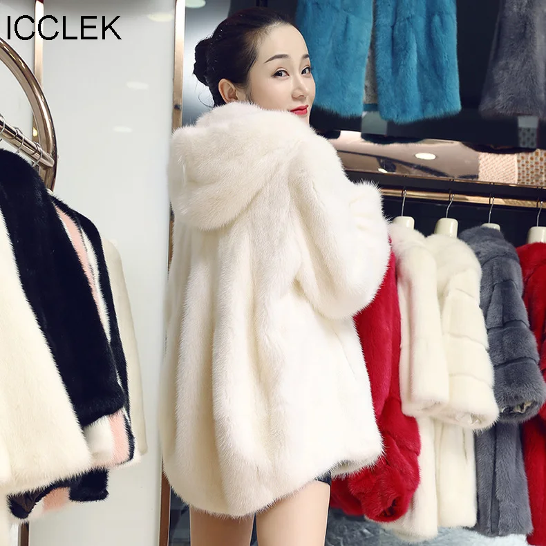 ICCLEK New Haining imitation mink fur women's mink coat women's whole mink medium long fur Korean large wool coat