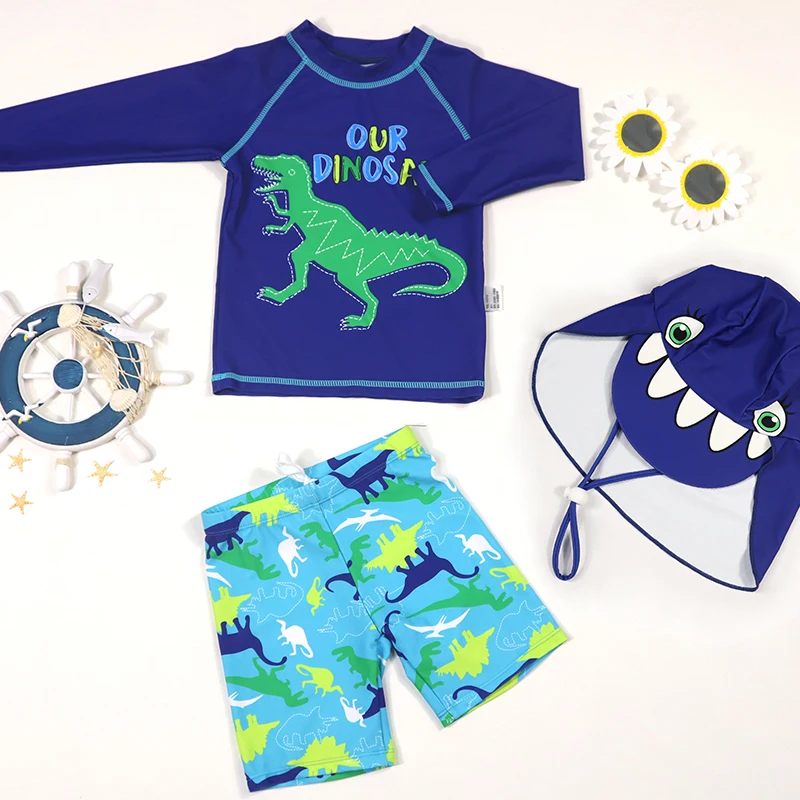 

3 Piece Children's Swimsuit Dinosaur Shark Hat Boy's Swimsuit Long Sleeve Swimming Trunks Rash Guard Swimwear BathingSuit Kids