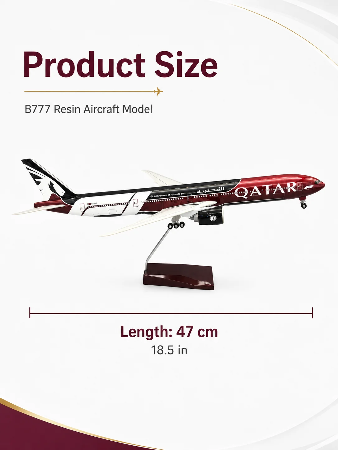 Фото Модель самолета Qatar Airways B777-300 из литой смолы, 47 см (18,5 дюймов), с подставкой и шасси, коллекционный экспонат №2