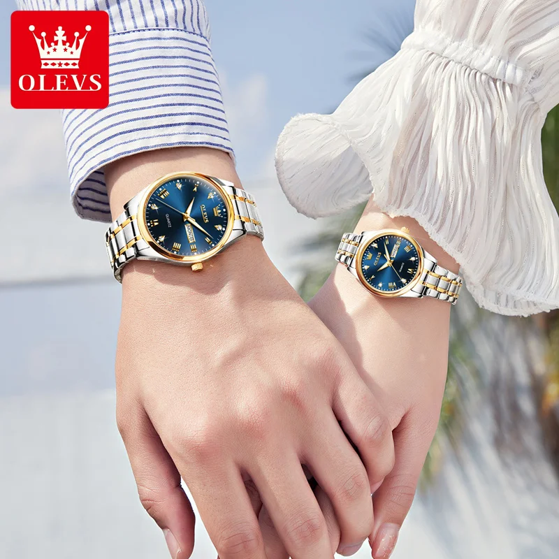 OLEVS Sets of Watches for Him and for Her Women And Men Wristwatches Stainless Steel Blue Couple Items for Lovers Montre Homme
