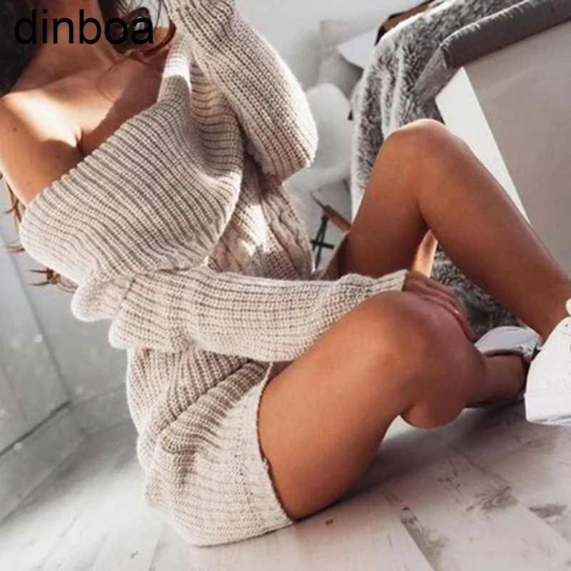 

Dinboa-женский свитер с открытыми плечами, вязаный свитер с воротником-лодочкой и длинным рукавом, Осень-зима, Свободный Топ Y2k, повседневная од...