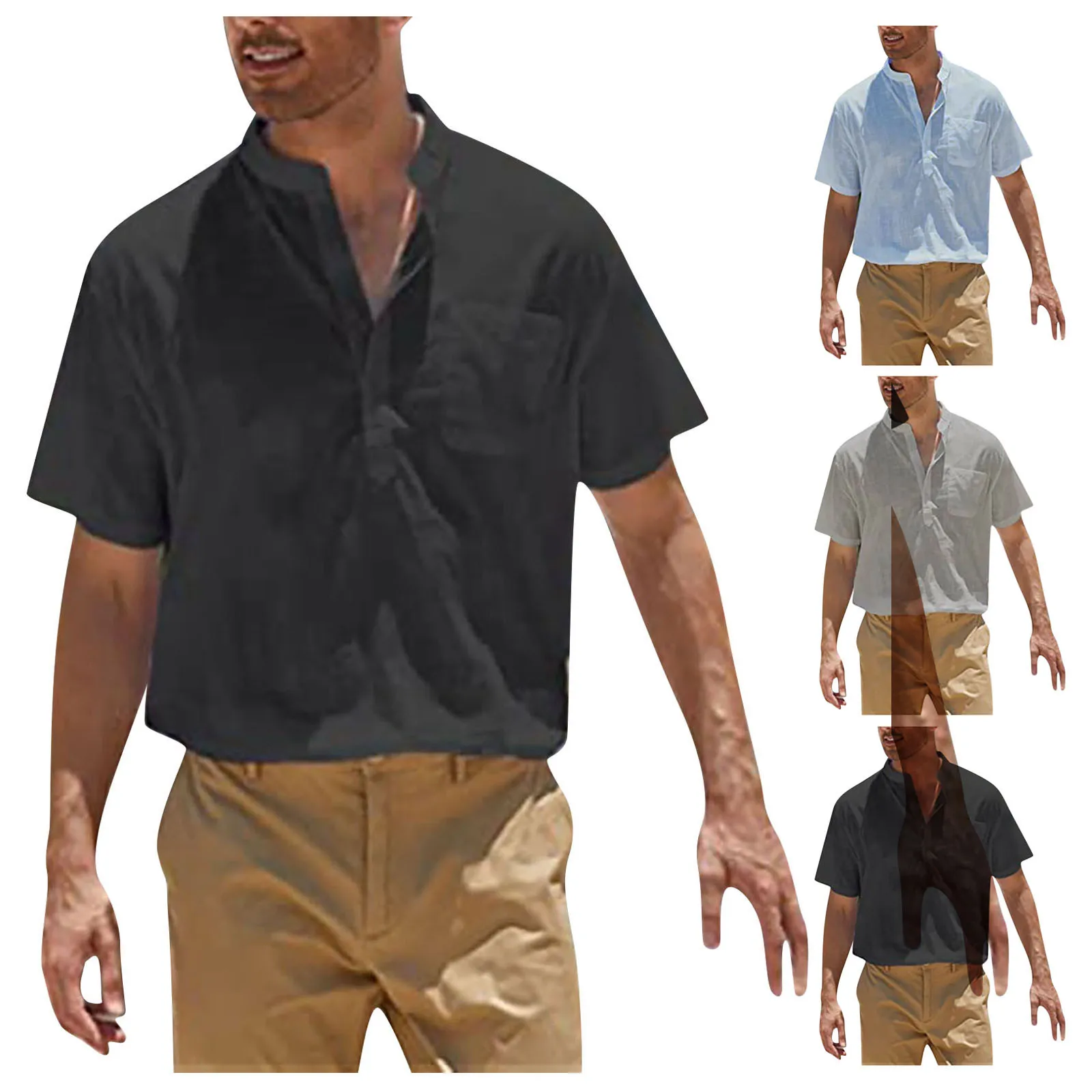 

Рубашка мужская с длинным рукавом, хлопково-Льняная блуза с воротником-стойкой, однотонная Повседневная пляжная одежда, лето 2022