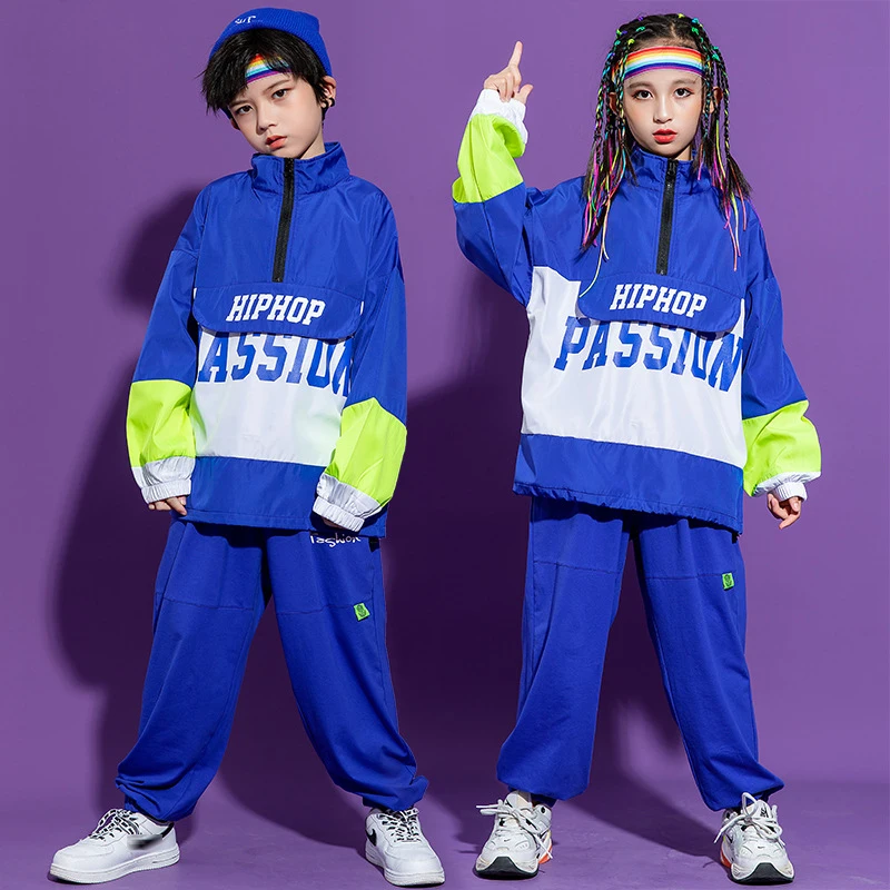

Blue Hip Hop Clothes Kids Street Dancewear Loose Kids Jooger Festival Clothing Rave Performance Costume Dancer Outfit DL8997