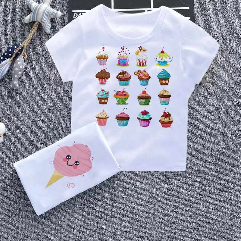 

2021 Cartoon Cute Boy And Girl T-shirt Fun Ice Cream Baby Clothing Harajuku Design Kid Top Round Neck White New Children Shirt