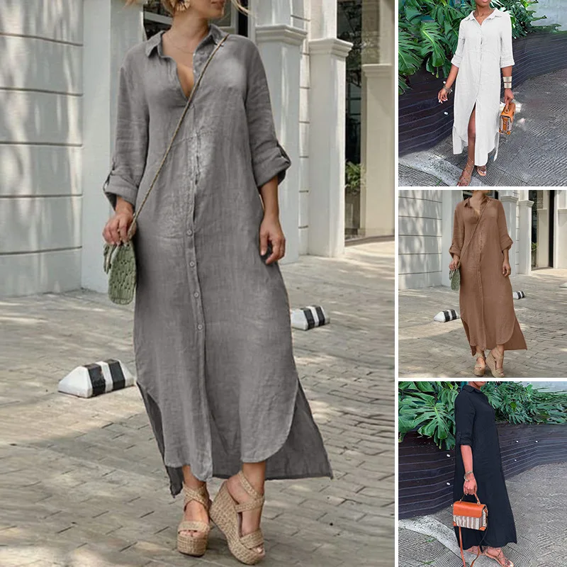 Cotton linen dress New style shirt collar cotton linen button skirt