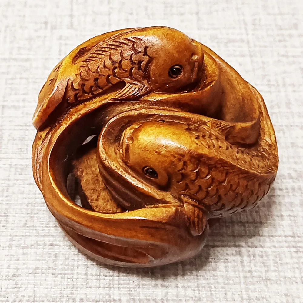 RS410 2-дюймовая резная японская самшита Нецсуке фигурка двух карпа скульптура