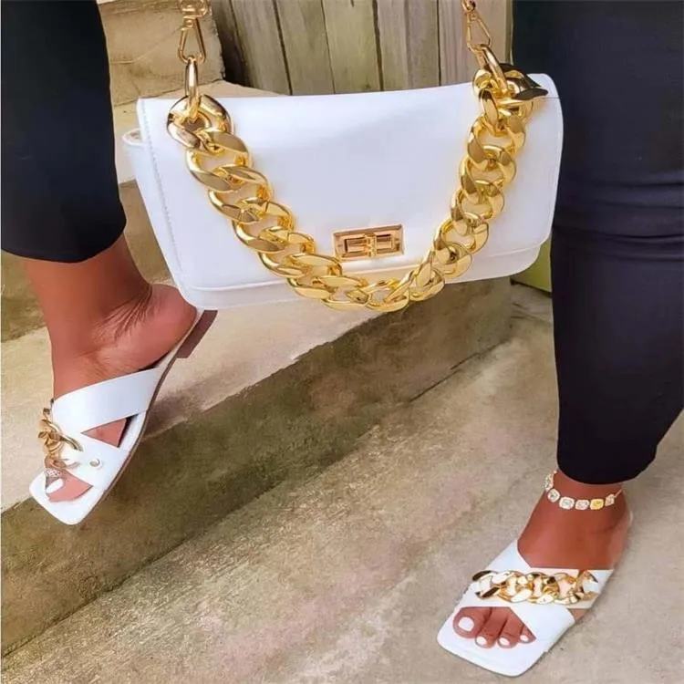 Women Open Toe Big Chain Slippers Candy Colors Buckle Square Toe Flat Casual Slide Ladies Summer Beach Flip Flops large size 43