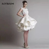 2022 white elegant short prom dresses appliques ball gown tiered ruffles short sleeves cocktail dress knee length formal wear