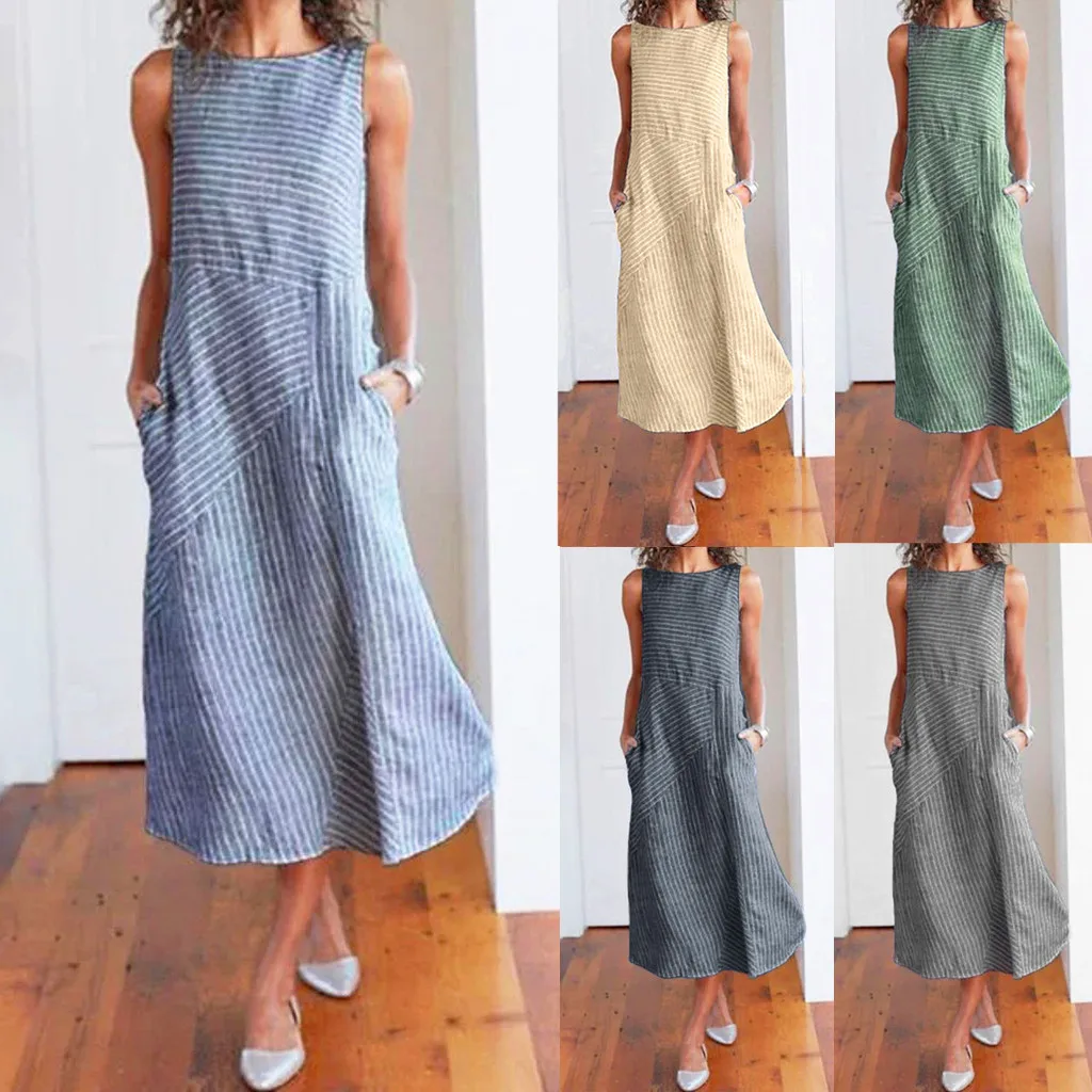 

Korean Fashion Woman Casual Striped Print Long Dress Female Sexy Sleeveless Dresses O Neck Linen Pocket Summer Dress Sundress