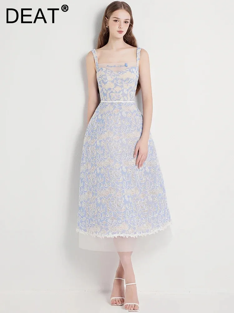 Женское кружевное платье-трапеция DEAT элегантное Сетчатое платье составного кроя