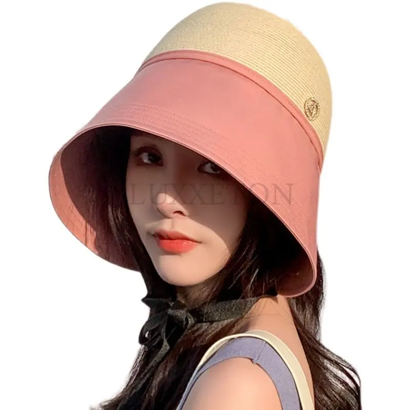 

Summer New Style Big Brim Stitching Straw Hat Female Scenic Bandage Travel Hat Full Face Sun Hat Equestrian Hat Tide Men