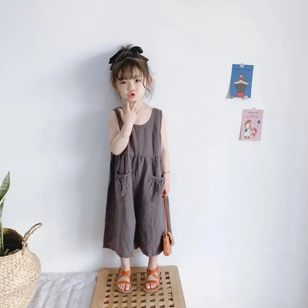 

1-8 Years kids summer cotton linen pants for boys and girls solid loose sleeveless overalls toddler baby clothes trousers 7 6 5