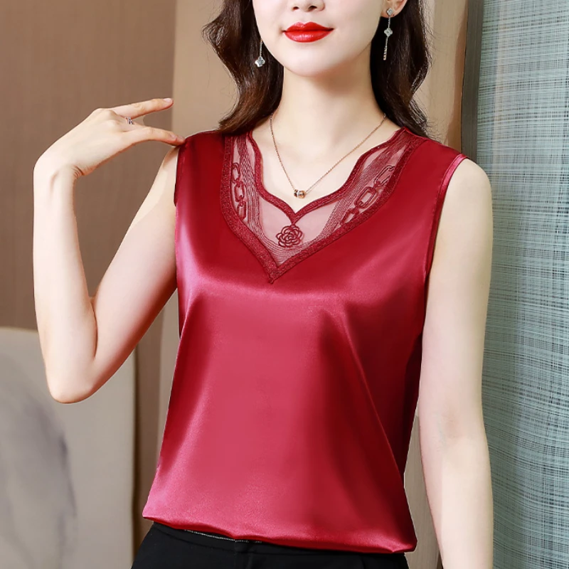 

2023 Summer Flower Lace Silk Blouses for Women Sleeveless Satin Shirts Loose Casual Tops Fashion Elegant Female Clothes 24671