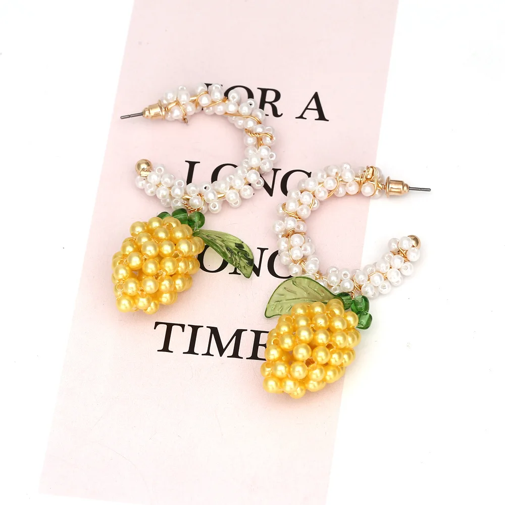 LuxHoney Fashion ZA Style Cute Hand-Knitting C-Shape Mini Pearl Beaded Hoop Earring for Women with Yellow Lemon Shape Bead Charm
