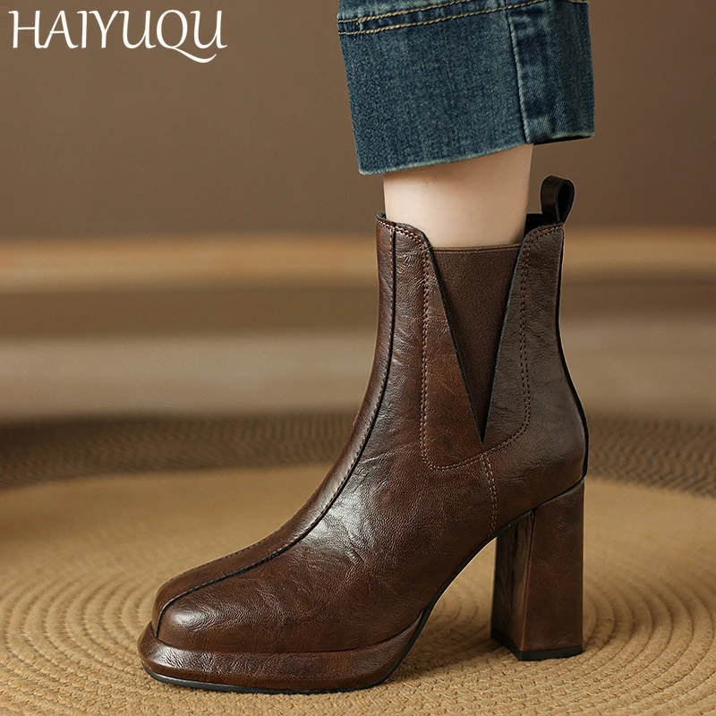 Женские кожаные ботильоны на высоком каблуке Дизайнерские повседневные теплые