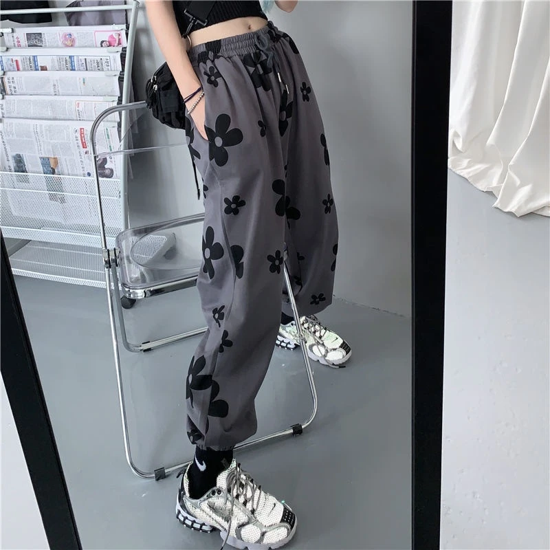 

Women Spring Autumn Vintage Fashion Flower Print Joggers Pants Hip Hop Sweatpants Gothic Casual Loose High Waist Sweet Trousers