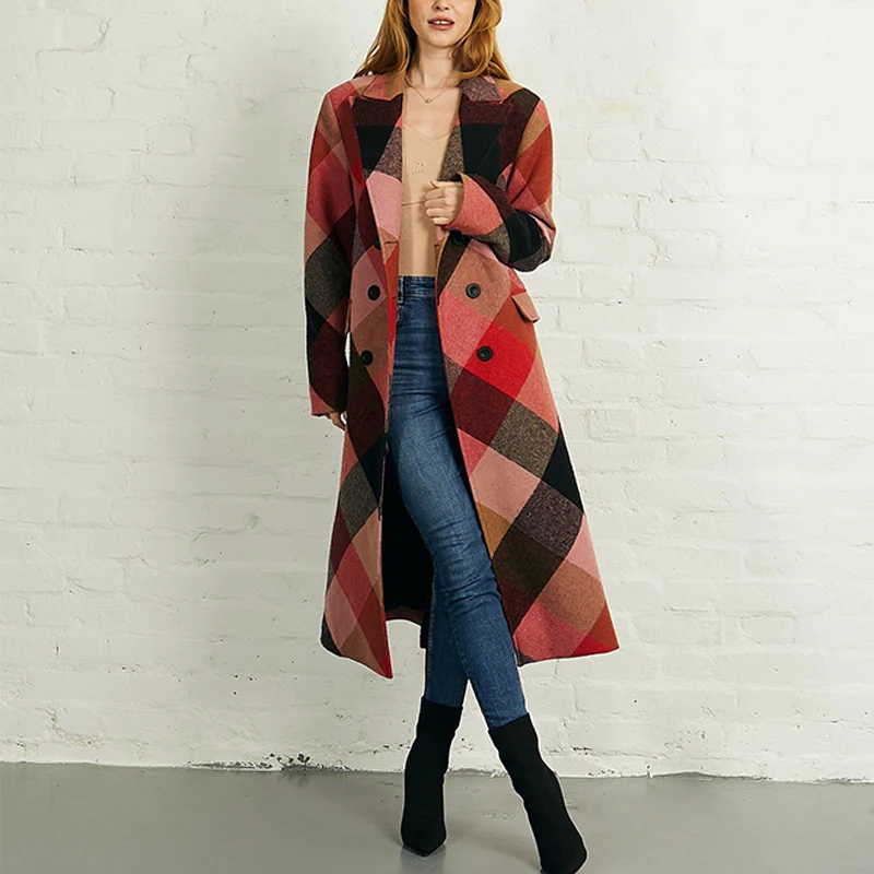 

Women Casual Long Double-Breasted Overcoats 2022 Autumn Winter Vintage Ladies Jacket Temperament Print Lapel Geometric Wool Coat
