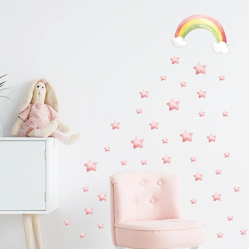 52pcs Rainbow and Stars Soft Pink Watercolor Wall Stickers Pattern Decals Baby Nursery Art Decorative Kids