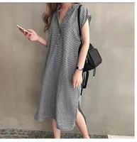 2022 new korean v neck lazy style loose check split shirt dress casual elegant dress slim summer