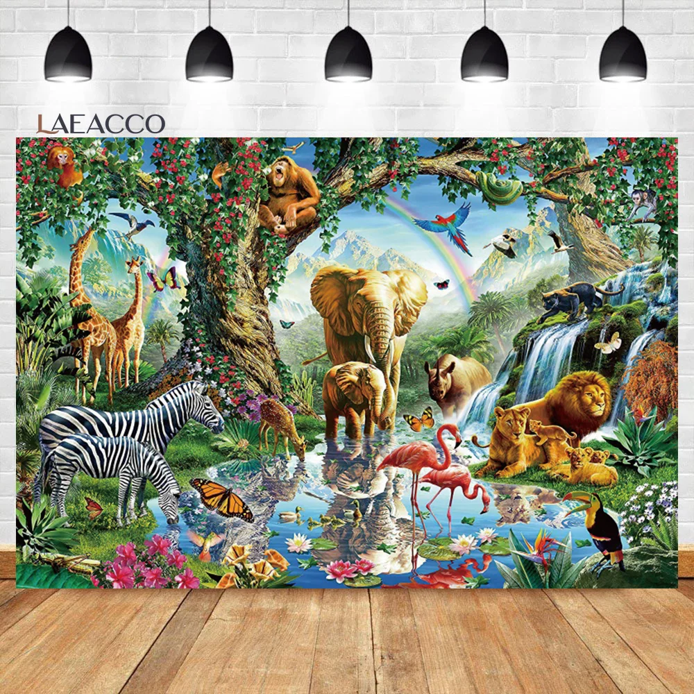 

Laeacco African Animals Background Tropical Jungle Forest Safari Party Kids Birthday Portrait Customized Photography Backdrop