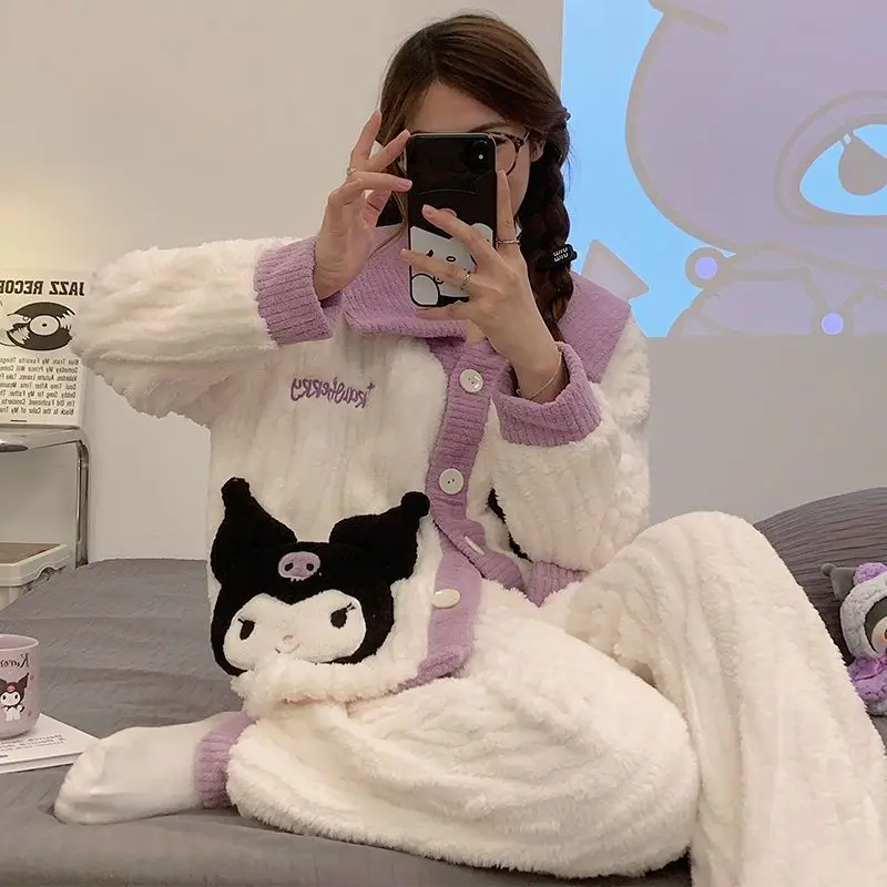 

Пижамный комплект Sanrios, зимний мультяшный аниме Kuromi комплект свободных пижам для дам Kawaii, повседневная одежда для отдыха, комплект белых брюк с длинным рукавом