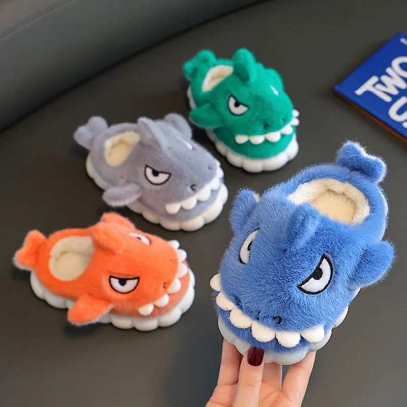 

2023 Shark Cartoon Children Slippers Winter 3D Soft Sole House Shoes For Boys Girls Plush Warm Non Slip Kids Indoor Slippers