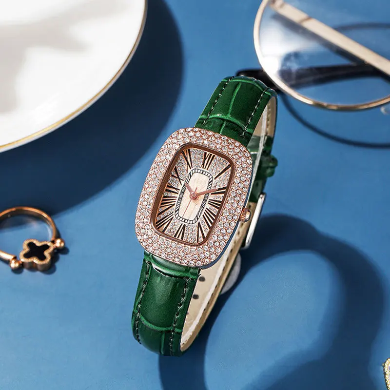 Luxury Fashion Green Watches Women Qualities Diamond Studded Quartz Watch Ladies Leather Wristwatch Elegant Montre Femme Clock