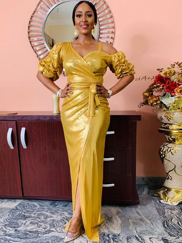 

Gold Bodycocn Dresses for Women Elegant Cold Shoulder V Neck High Waist Gilding Long Outfits Evening Cocktail Party Gowns 3XL