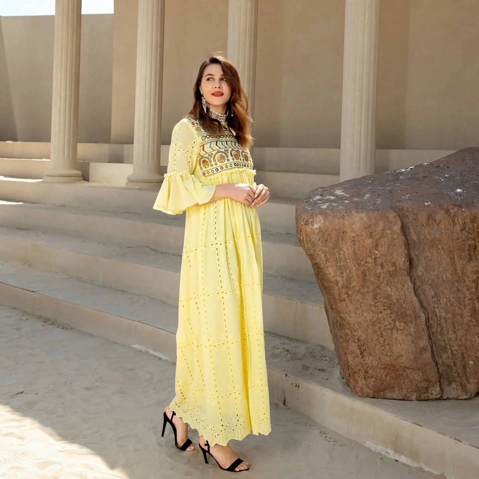 Robe Femme Musulmane Middle East Ramadan Lantern Sleeve Muslim Fashion Loose Arabic Sequin Embroidered Cotton Abayas For Women