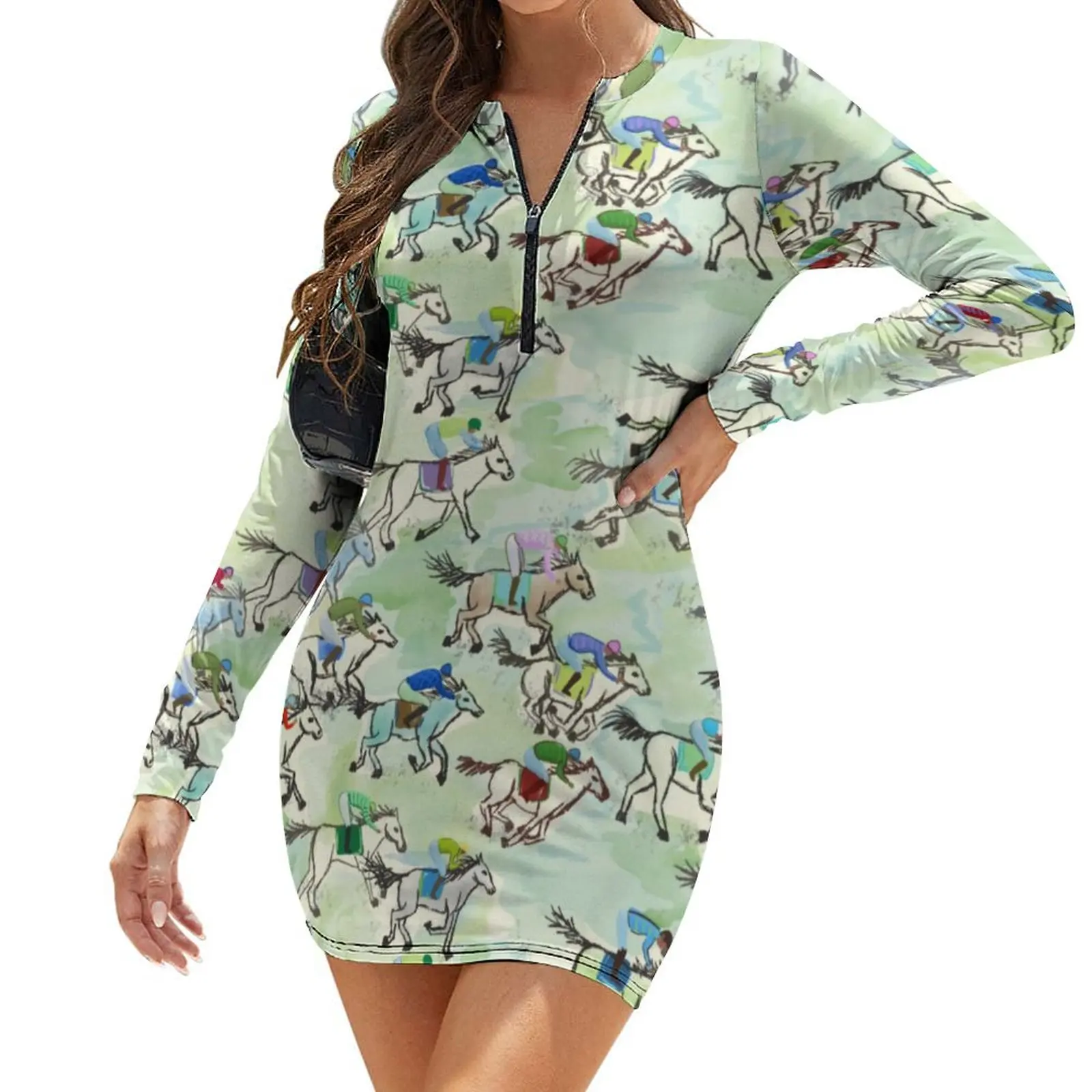 

Running Horse Dress Female Off to The Races Korean Fashion Bodycon Dress Long Sleeve Sexy Dresses Trendy Oversized Clothing