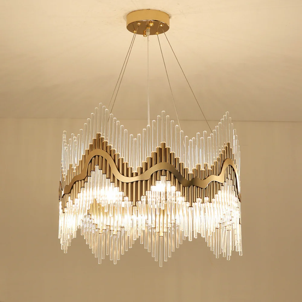 

Living Room Luxury Lustre Glass Crystal Tubes Led Pendant Lights Round Plate Metal Luminaria E14 Led Hanging Lamp home decor