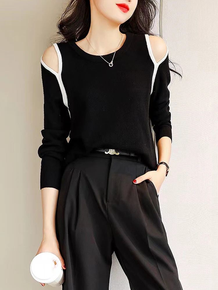 

BETHQUENOY Fitted Casual Pullover Truien Dames Women Clothes Cold Shoulder Long Sleeve Black Knit Sweater Pullovers Jumper Femme