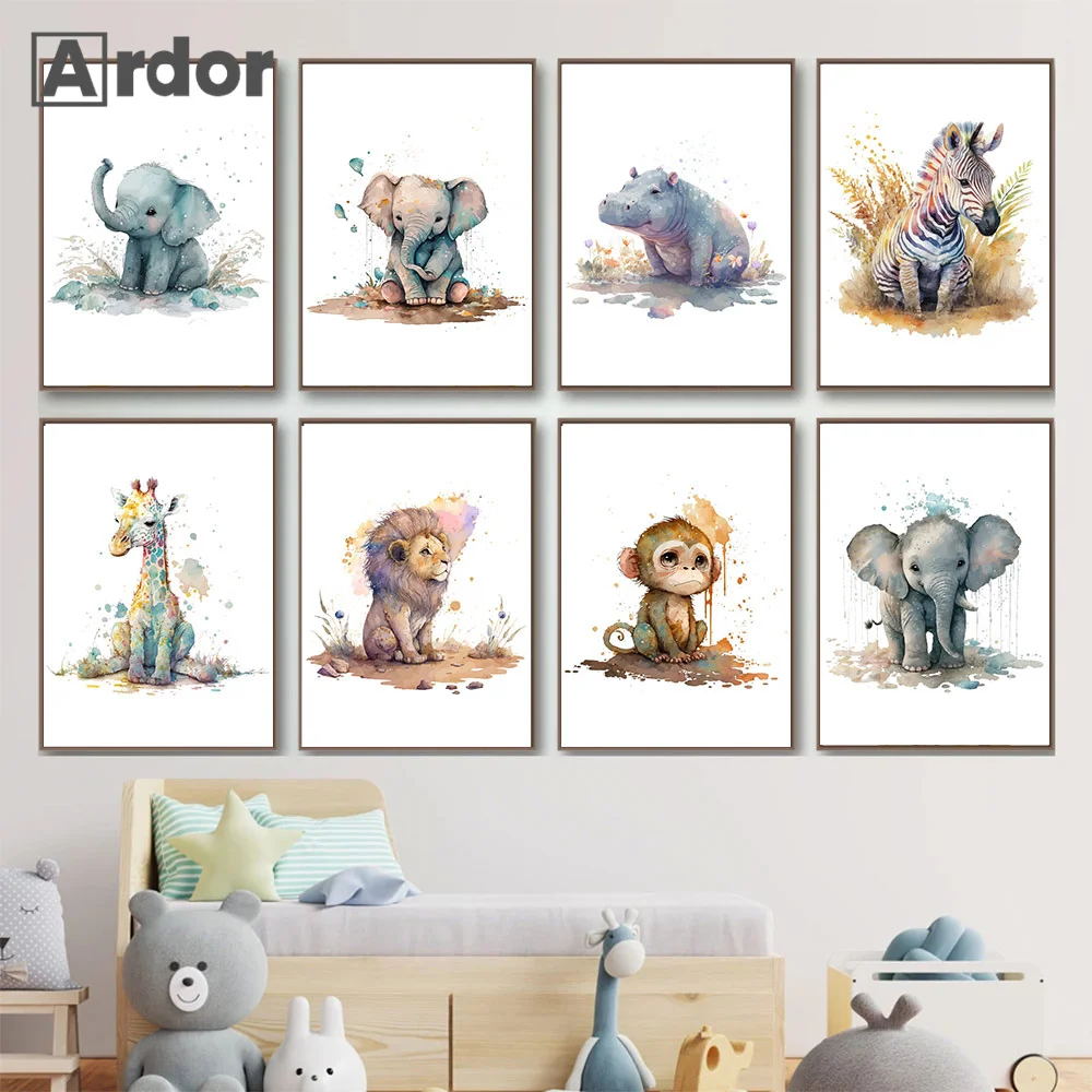 

Safari Animal Art Print Watercolor Tiger Lion Elephant Giraffe Zebra Flamingo Nursery Poster Cartoon Wall Picture Kid Room Decor