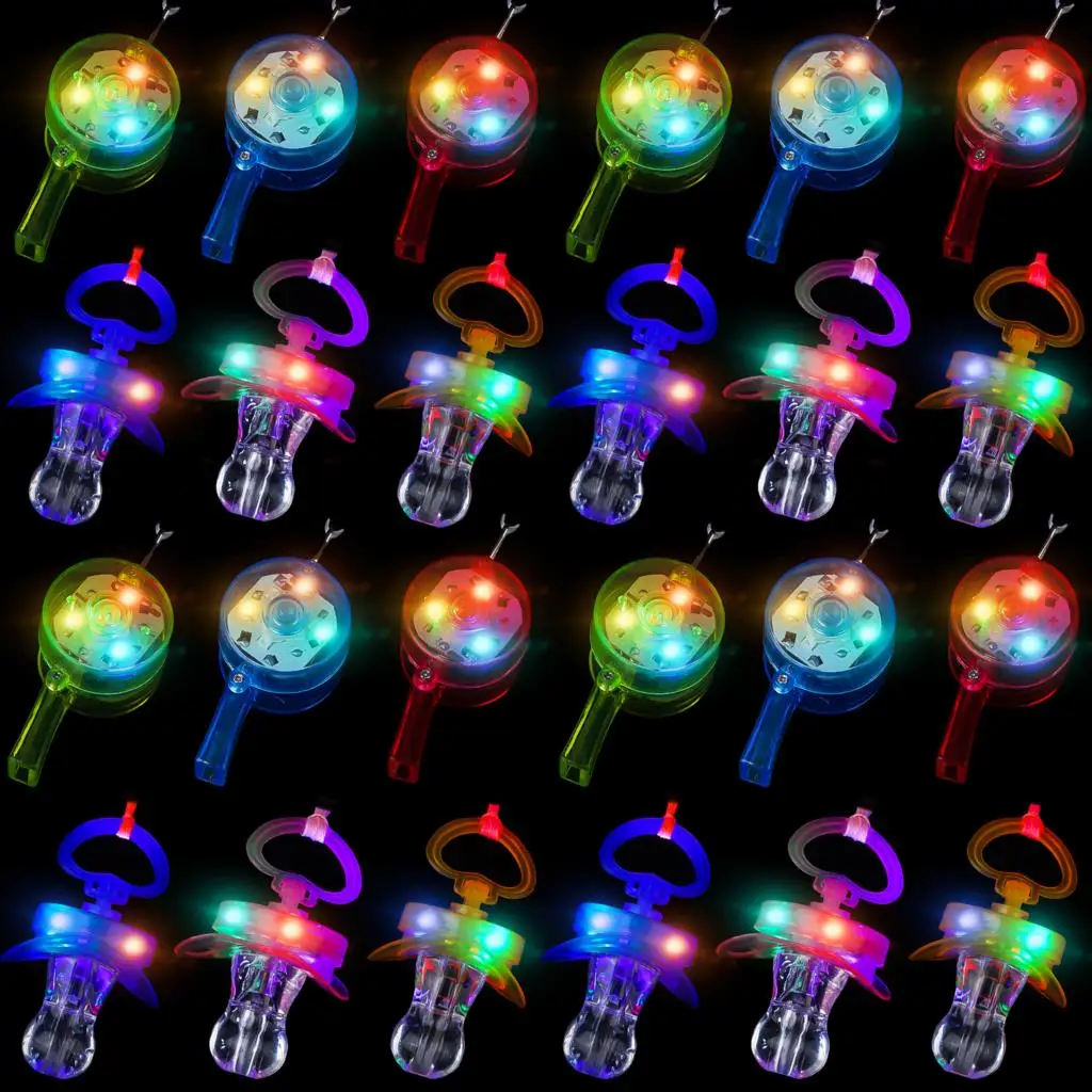 

24Pc Glow in the Dark Party Supply 12Pc LED Light Up Pacifiers and 12Pc Glow in the Dark Whistles LED Necklace Party Favors Toys