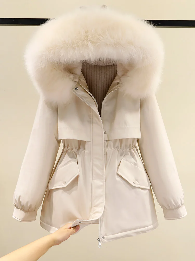 2022 Women's Winter Jacket Students Solid Hooded Large Fur Parkas Drawstring Slim Fashion Warm Coat Female Snow Wear Outwear