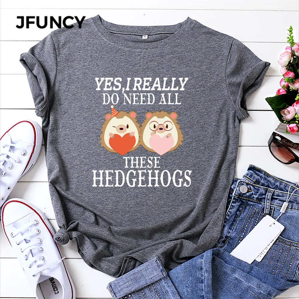 JFUNCY 100% Cotton Women Tshirts Oversize Short Sleeve T-shirt Summer Loose Tee Shirt New Cartoon Hedgehog Print Woman Tops