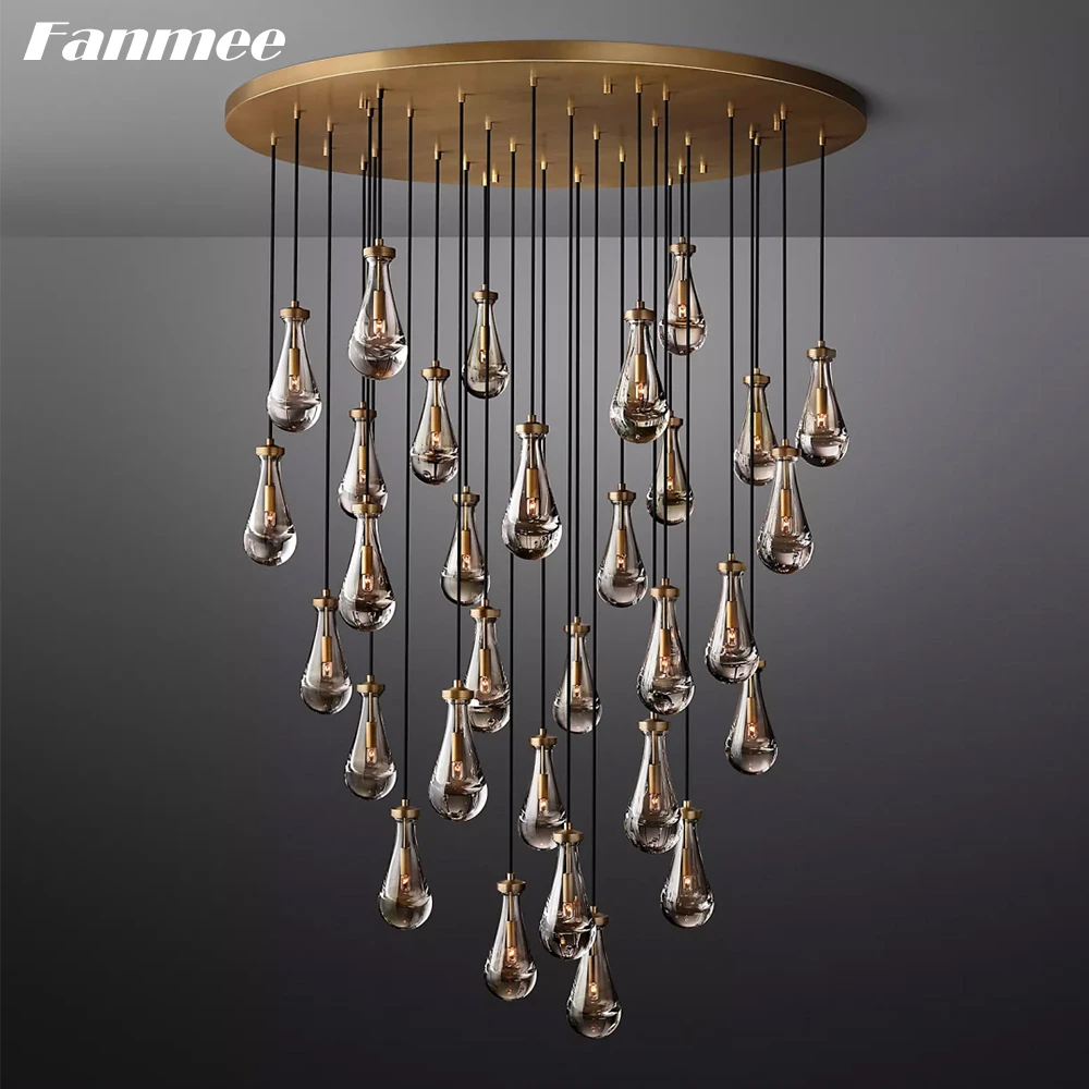 

Rain Round Chandelier LED Modern Clear Waterdrop Foyer Ceiling Chandelier Lighting Home Decor Glass Raindrop Lustre Hanging Lamp