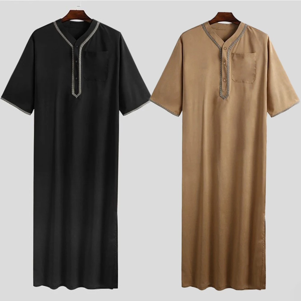 Islamic Arabic Kaftan Men Half Sleeve Solid Color V Neck Muslim Clothes Loose Casual Middle East Dubai Jubba Thobe Plus Size 5XL