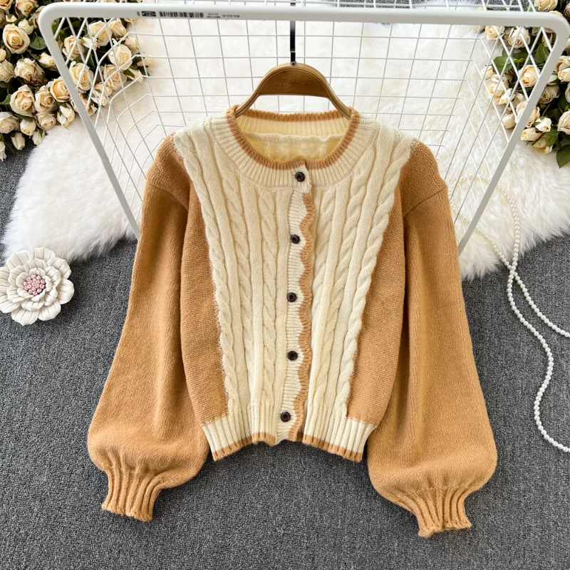 

Hikigawa Chic Fashion Women Retro Autumn Lazy Style O Neck Lartern Long Sleeve Sweater Twisted Knitting Cargidan Coat Top Mujer