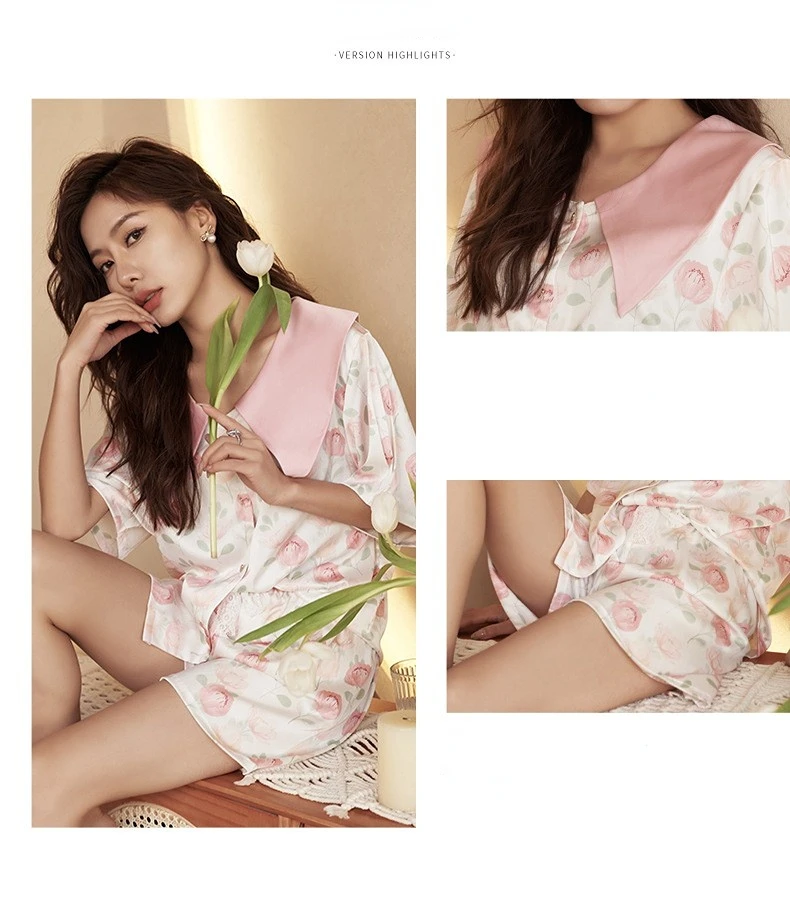 Women's 2 Piece Pajama Set Flower Print Pijama Ice Silk Pyjamas Female Lapel Pink Collar Sleepwear Short Sleeve Shirt Shorts