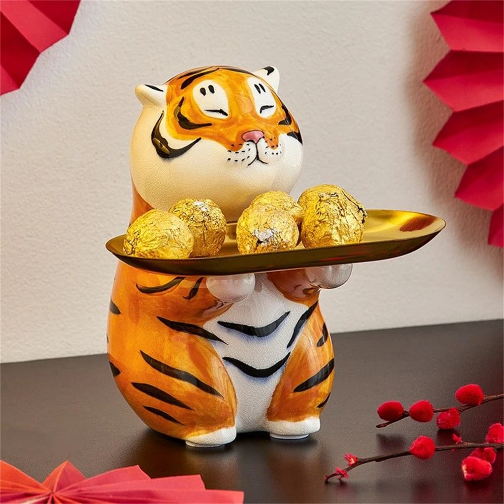 

Ceramic Tiger Sculpture Pallet Storage Key Box Snack Organizer Decorative Tray Living Room Decor Resin Animal Home Decoration