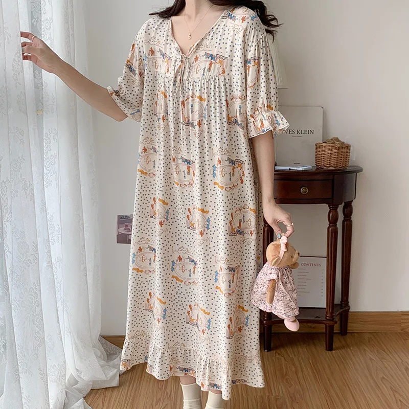 Womens Spring Summer Cotton Short Sleeve Nightgown Dropshipping Nighty Princess Girls Nightdress Ladies Floral Sleeping Dress