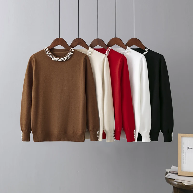 

HLBCBG New Autumn winter women Temperament sweaters and pullovers long sleeve casual Pearl sweater slim knitted jumpers Sweater