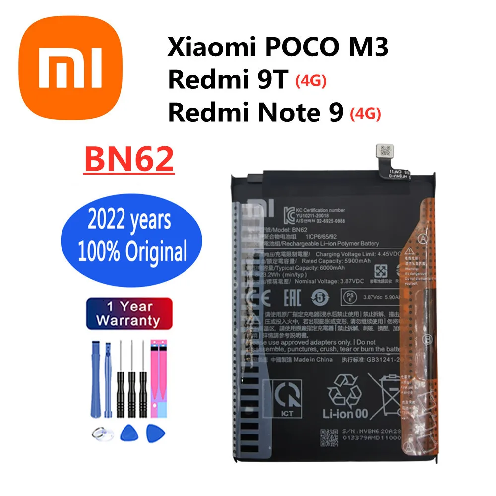 

Сменный аккумулятор для Xiaomi POCO M3 / Redmi 9T Note 9 4G, версия BN62, 2022 мАч, оригинальные батареи + инструменты, 6000 год