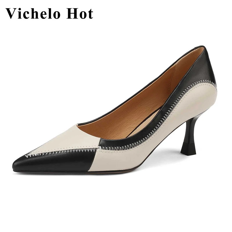 

Vichelo Hot large size full grain leather pointed toe stiletto high heels mixed colors French romantic fashion women pumps L29