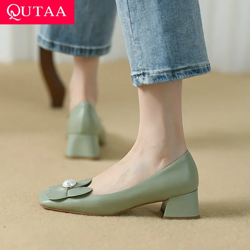 

QUTAA 2022 Leather String Bead Female Pumps Summer Square Med Heel Flower Elegant Slip On Hollow Women Shoes Size 34-39