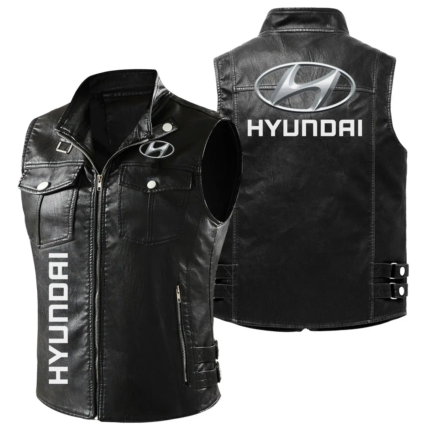 

HYUNDAI LOGO Motorcycle Jacket Men Leather Vest Fashion Sleeveless Racing Car Biker Jacket Four Seasons Punk Vest for Men
