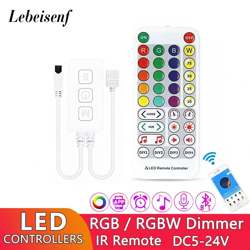 

Bluetooth LED Music Controller RGB RGBW Dimmer Timing Microphone Mode SP613E SP614E with 38 Key IR Remote for Colorful LED Light