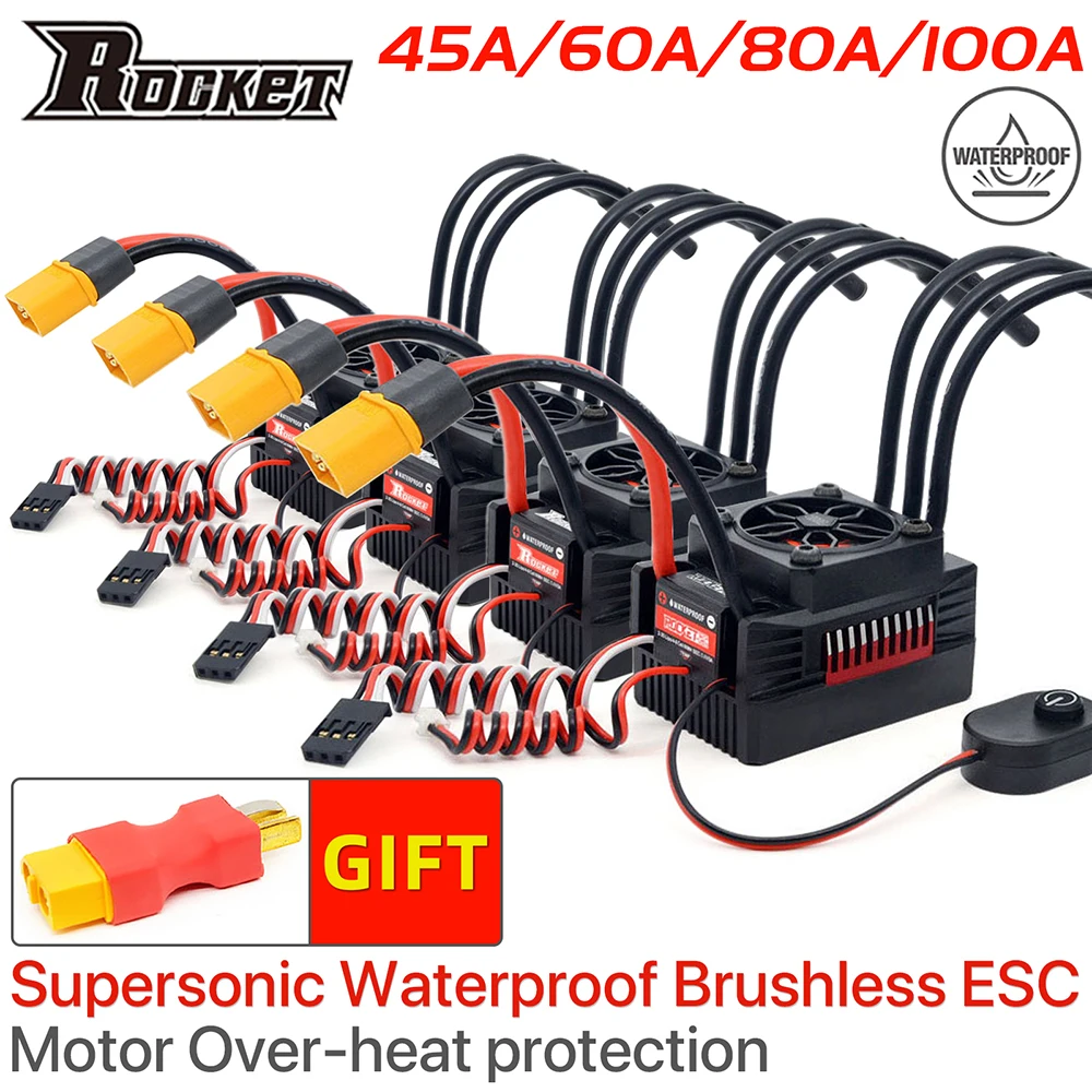 

Водонепроницаемый бесщеточный контроллер скорости Rocket V2 Supersonic 45A 60A 80A 100A ESC с 5,8 В/5A BEC для 3650 мотора 1:10 радиоуправляемого автомобиля